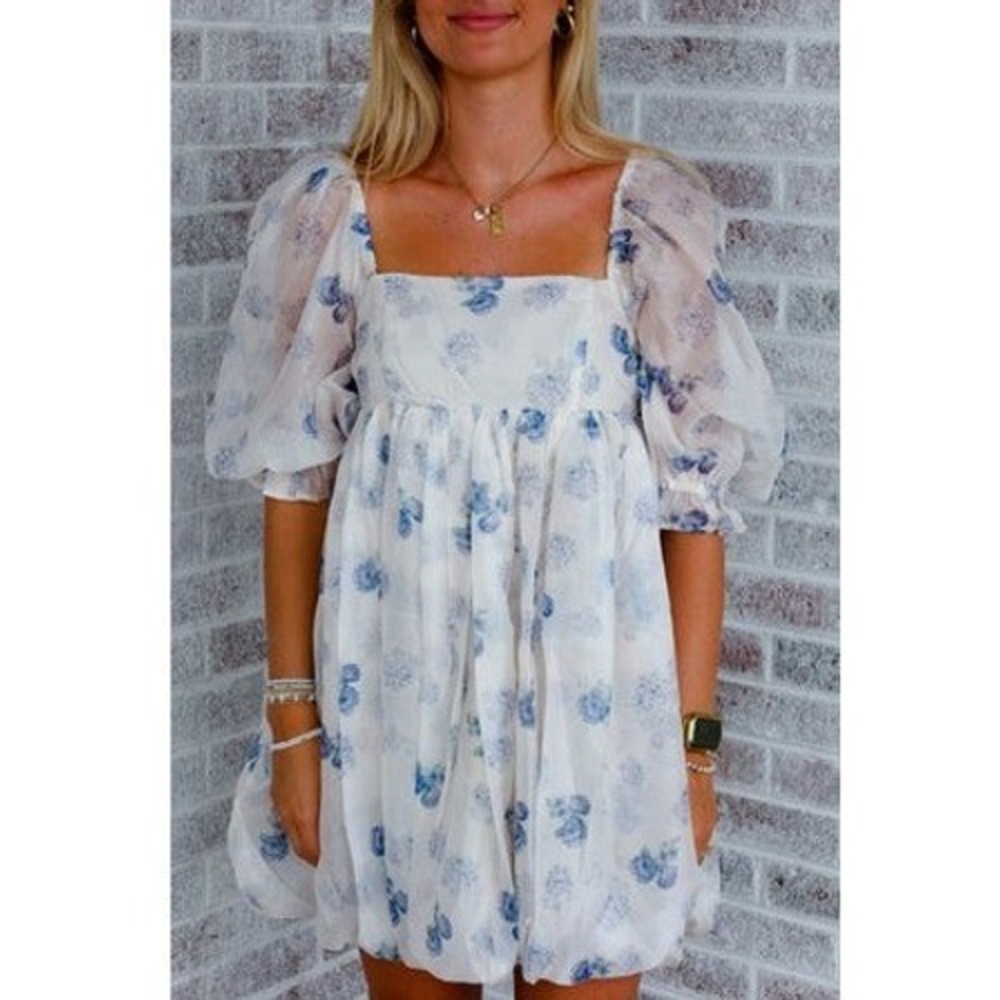 Sofie the Label Chase Bubble Hem Mini Dress White Periwinkle Floral Women Size M